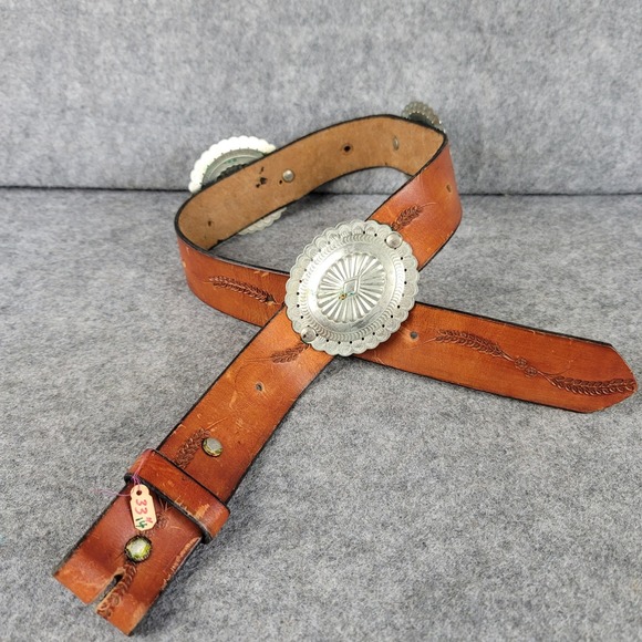 Accessories - Vintage Western Leather Concho Belt Tan Tooled Floral Southwest Silver Tone 35in